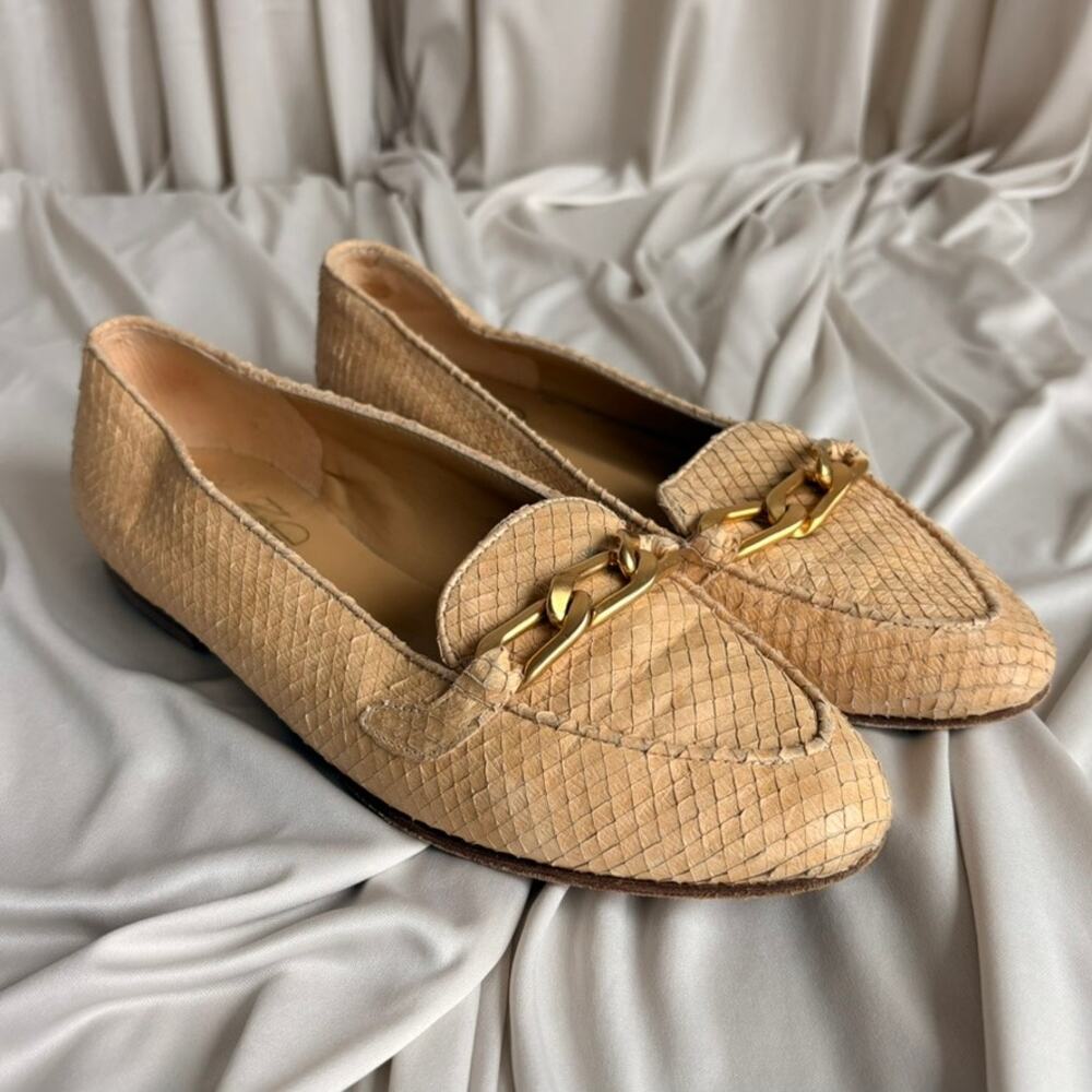 Joan & David Reptile Skin Loafers - Tan Beige, Gold Chain Detail, Size 7.5